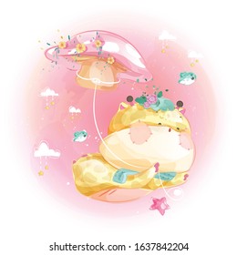 Cute little giraffe and mushrooms fly in the clear sky.