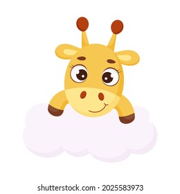 Cute little giraffe on cloud. Funny cartoon character for print, sticker, greeting cards, baby shower, invitation, home decor. Stock vector illustration.