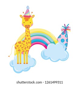 cute and little giraffe with party hat and rainbow