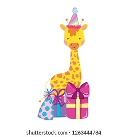 cute and little giraffe with party hat character