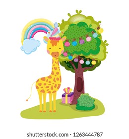 cute and little giraffe with party hat character