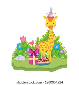 cute and little giraffe with party hat character