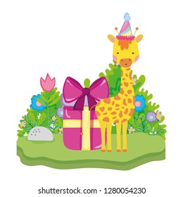 cute and little giraffe with party hat character