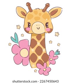 Cute little giraffe and pink flowers kids print vector simple illustration