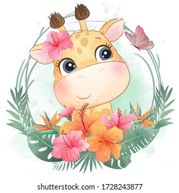 Cute little giraffe portrait with floral