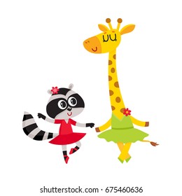 Cute little giraffe and raccoon, characters dancing ballet together, cartoon vector illustration isolated on white background.