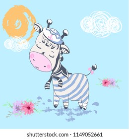 Cute little giraffe sailor. cartoon hand drawn vector illustration. Can be used to print baby t-shirt, fashion print design, children wear, baby shower celebration, greeting and invitation card.