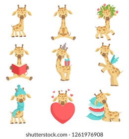 Cute little giraffe set, funny jungle animal cartoon character in different situations vector Illustration on a white background