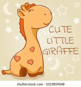 Cute little giraffe sits and smiles. Vector illustration. Can be used for sticker, patch, phone case, poster, t-shirt, mug and other design.