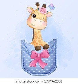 Cute little giraffe sitting inside pocket illustration