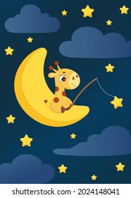 Cute little giraffe sitting on moon with fishing rod catches stars. Cartoon character for kids room decoration, nursery art, birthday party, baby shower. Bright colored stock vector illustration