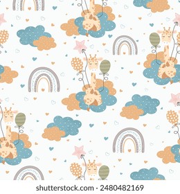 Cute little giraffe sitting on clouds with balloons. Seamless pattern for posters, fabric prints and children's cards. Vector