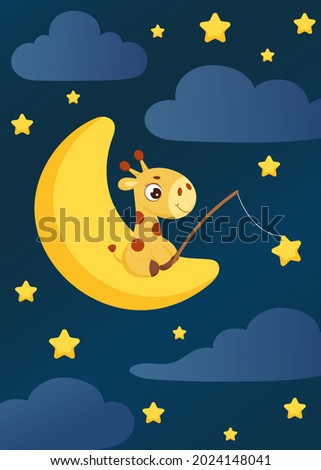 Cute little giraffe sitting on moon with fishing rod catches stars. Cartoon character for kids room decoration, nursery art, birthday party, baby shower. Bright colored stock vector illustration