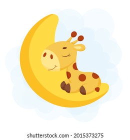 Cute little giraffe sleeping on moon. Funny cartoon character for print, greeting cards, baby shower, invitation, wallpapers, home decor. Bright colored childish stock vector illustration.