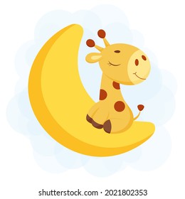 Cute little giraffe sleeping on moon. Funny cartoon character for print, greeting cards, baby shower, invitation, wallpapers, home decor. Bright colored childish stock vector illustration.