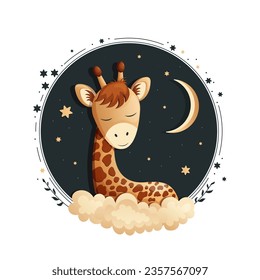 Cute little giraffe sleeping on the background of moon and stars - hand drawn vector illustration. Children's theme. For design of prints, posters, postcards, children's clothes.