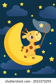 Cute little giraffe stand on moon, catch stars with butterfly net. Cartoon character for kids room decoration, nursery art, birthday party, baby shower. Bright colored stock vector illustration