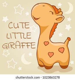 Cute little giraffe stand and smiles. Vector illustration. Can be used for sticker, patch, phone case, poster, t-shirt, mug and other design.