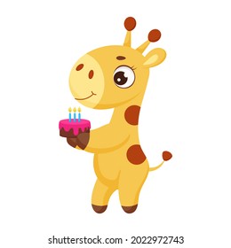Cute little giraffe standing with cake. Funny cartoon character for print, greeting cards, baby shower, invitation, wallpapers, home decor. Bright colored childish stock vector illustration.