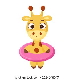 Cute little giraffe standing in pink circle. Funny cartoon character for print, greeting cards, baby shower, invitation, wallpapers, home decor. Bright colored childish stock vector illustration.