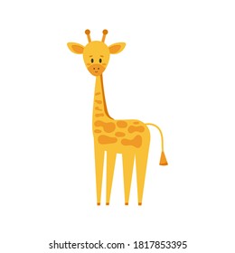 Cute little giraffe in standing pose isolated on white background. Funny smiling african giraffe animal logo. Vector flat design cartoon safari character illustration. 