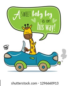 Cute little giraffe waving and driving a car baby shower invitation / Cartoon vector stock
