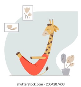 Cute little giragge doing yoga at home. Vector cartoon animal in navasana. child character shows a healthy lifestyle.