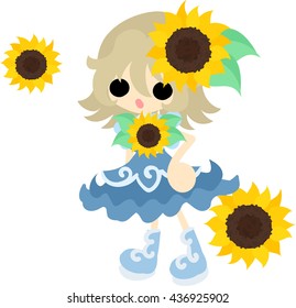 A cute little girl and a accessory of sunflower