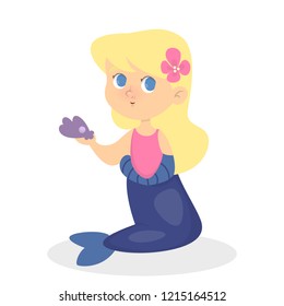 Cute little girl in adorable mermaid costume. Outfit for children for party. Fancy creature. Isolated vector illustration in cartoon style