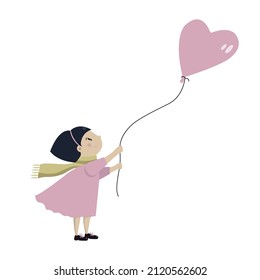 cute little girl with air balloon, vector illustration, valentines clipart with cartoon character good for card and print design