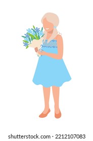 Cute little girl in an airy dress with a bouquet of flowers. Congratulations on the holiday. Vector illustration isolated on white background.