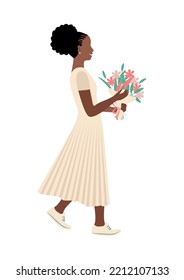 Cute little girl in an airy dress with a bouquet of flowers. Congratulations on the holiday. Vector illustration isolated on white background.
