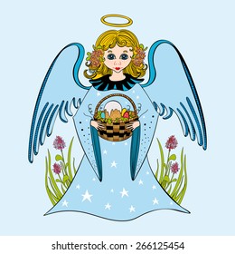 Cute little girl angel holding a wicker basket with Easter cake and colorful eggs.