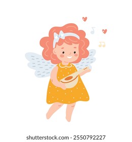 Cute little girl with angel wings playing musical instrument, flat style vector illustration