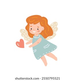 Cute little girl with angel wings catching pink heart, flat style vector illustration