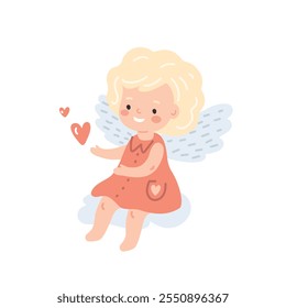 Cute little girl with angel wings catching pink heart sit on cloud, flat style vector illustration