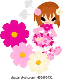 A cute little girl in anger and the flowers of cosmos