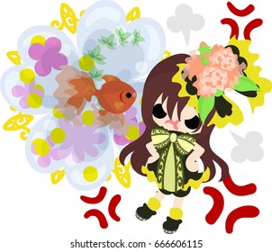 A cute little girl in anger in a goldfish bowl