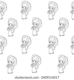 Cute little girl in anime style dressed in kimono seamless pattern on a white background. One line simple vector illustration chibi woman. Coloring book for children