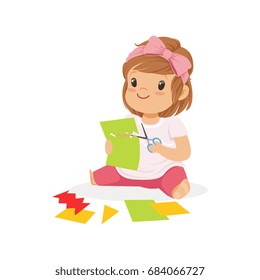 Cute little girl ?utting an application details, kids creativity, education and child development, colorful character vector Illustration