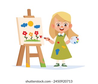 Cute little girl artist holding color palette and paintbrush painting on the canvas