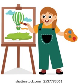 Cute little girl artist holding color palette and brush painting on canvas, illustration and vector