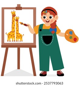 Cute little girl artist holding color palette and brush painting on canvas, illustration and vector