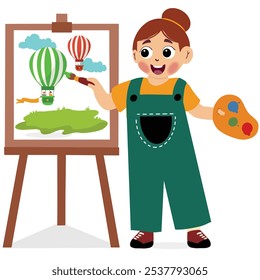 Cute little girl artist holding color palette and brush painting on canvas, illustration and vector