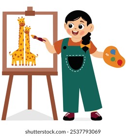 Cute little girl artist holding color palette and brush painting on canvas, illustration and vector