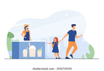 Cute little girl asking dad to buy ice cream. Street food, summer, sweet flat vector illustration. Dessert and childhood concept for banner, website design or landing web page