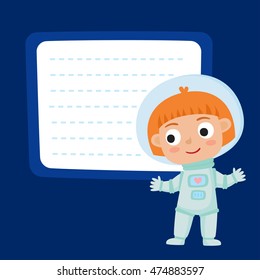 Cute little girl astronaut with a blank poster for your text entry isolated on blue space. Ready for your message. Design background for child books, stickers, posters, web pages, stickers. 