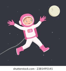 Cute little girl astronaut floating in the space