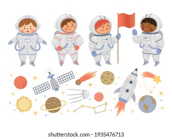 Cute little girl astronaut in spacesuit and big star. Space adventure. Vector illustration in cartoon style for postcards, posters, banners, posters.