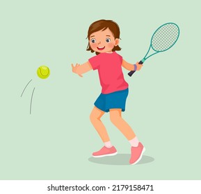 cute little girl athlete play tennis at sport club holding tennis racket ready to hit the ball 